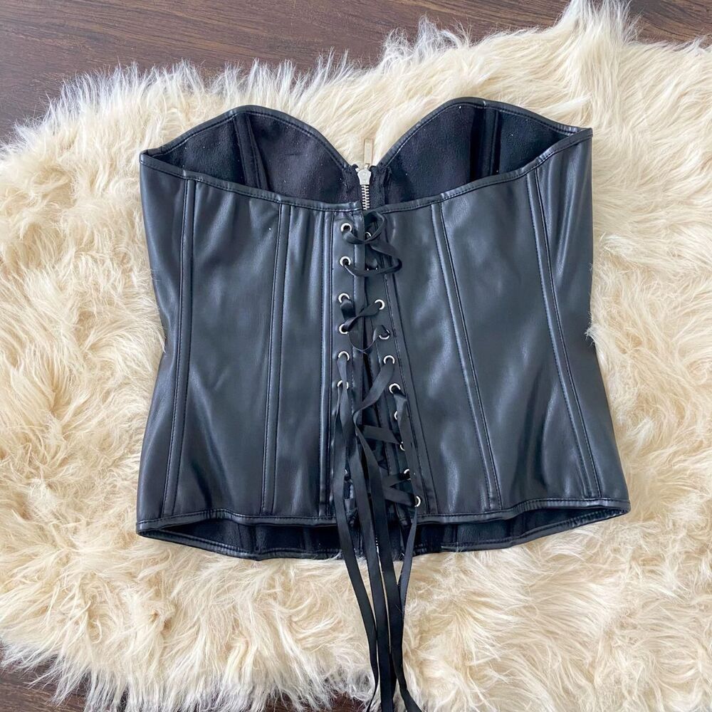 Faux Leather Black Steampunk Gothic Rock Boned Lace Up Overbust Corset S - Picture 3 of 5